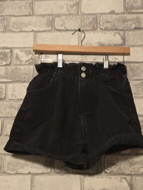 High-Waist Black Paperbag Denim Shorts with Double Button